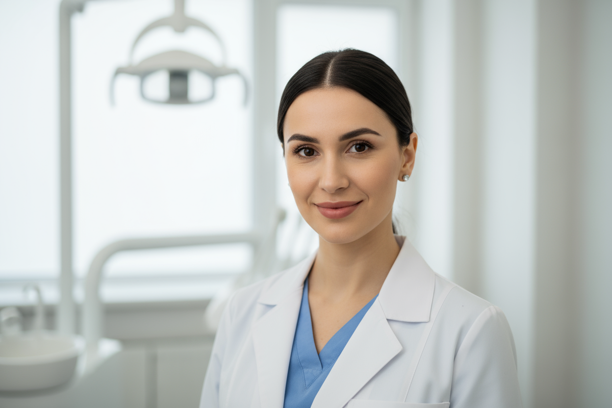 female dentist in the professional photo shoot showing from shoulder up